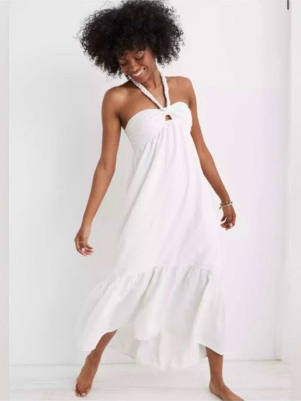 Aerie High Low Halter Braided Strap Maxi Sundress, White, Size S